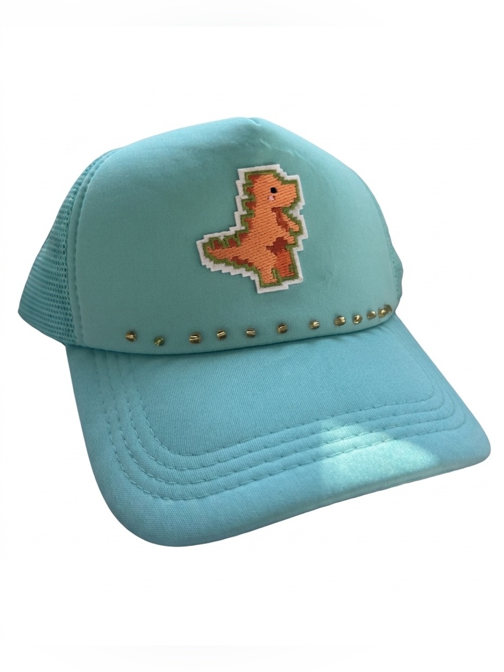 Pixel Art Dinosaur Teal Trucker Hat Custom Handmade